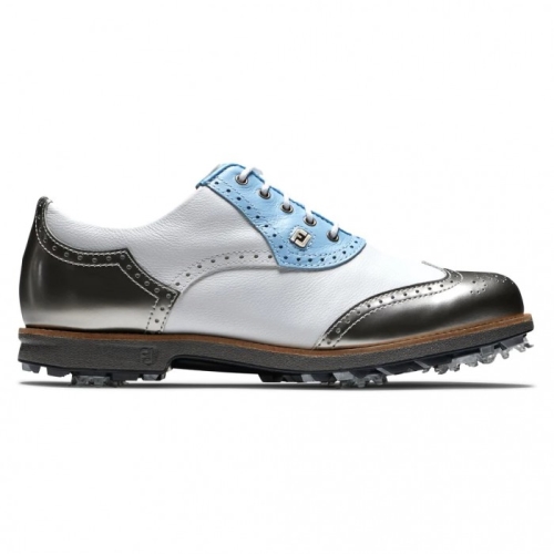 White / Light Blue / Metallic Silver Women's Footjoy Premiere Series - Shield Tip Spiked Golf Shoes