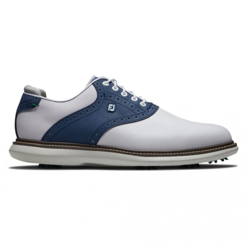 White / Navy Men's Footjoy Traditions Spiked Golf Shoes | US-16094LE