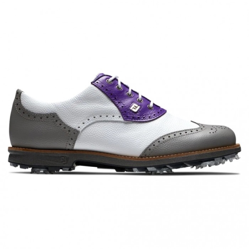 White Pebble / Grey Pebble / Purple Women's Footjoy Premiere Series - Shield Tip Spiked Golf Shoes |