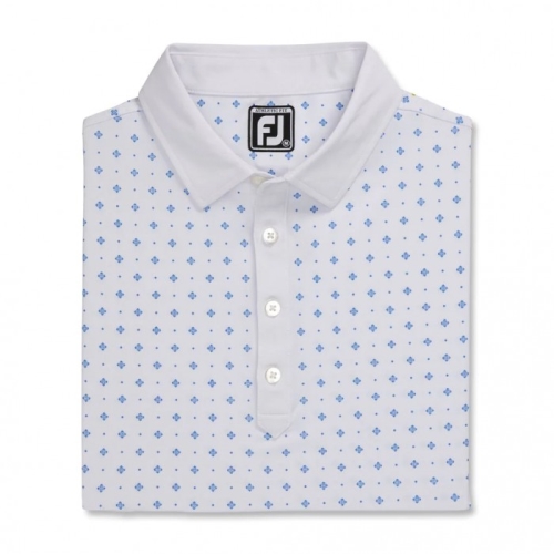 White / Royal Men's Footjoy Athletic Fit Deco Print Self Collar Shirts | US-51349KG