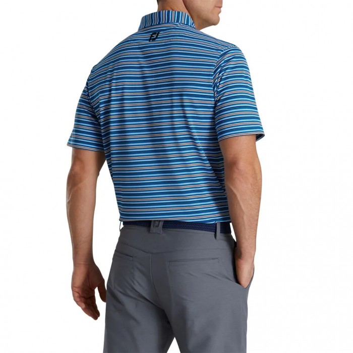 French Blue / Black / White Men's Footjoy Multi-Stripe Stretch Pique Self Collar Shirts | US-50967HI