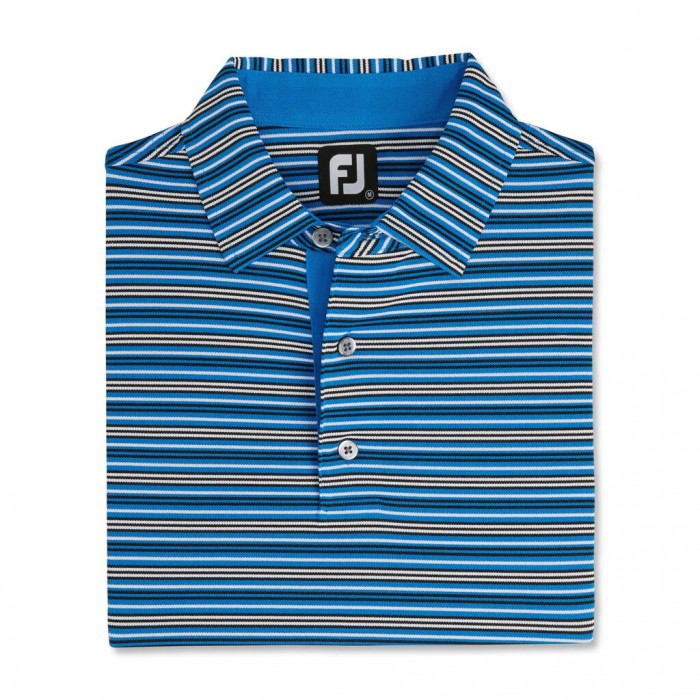 French Blue / Black / White Men\'s Footjoy Multi-Stripe Stretch Pique Self Collar Shirts | US-50967HI