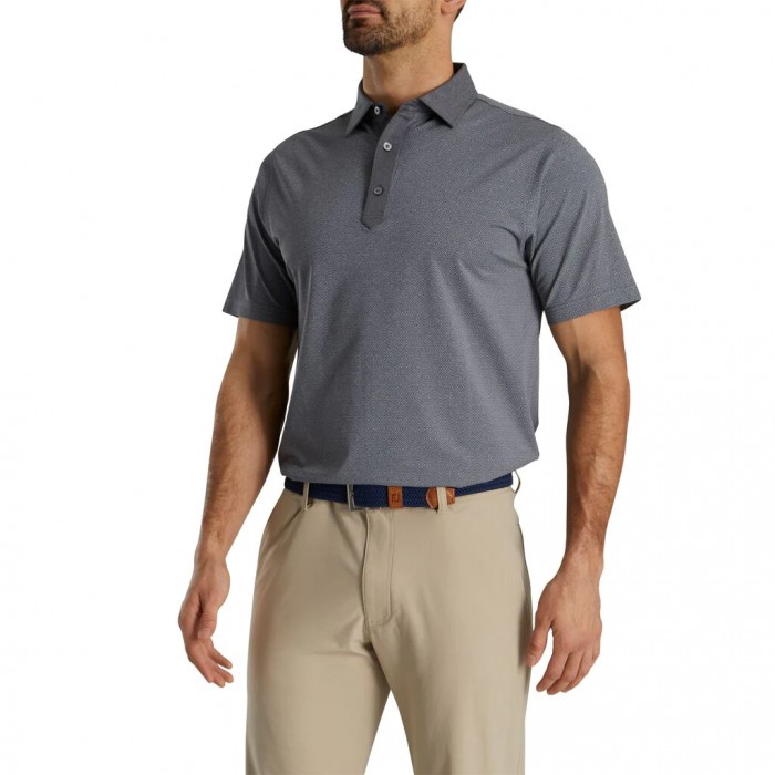 Heather Black / White Men's Footjoy Diamond Line Print Lisle Self Collar Shirts | US-45097CK