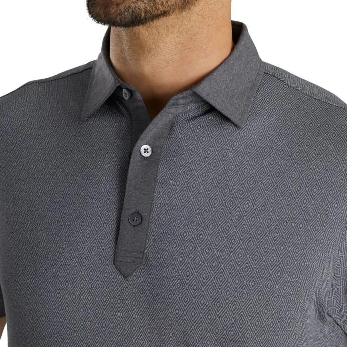 Heather Black / White Men's Footjoy Diamond Line Print Lisle Self Collar Shirts | US-45097CK
