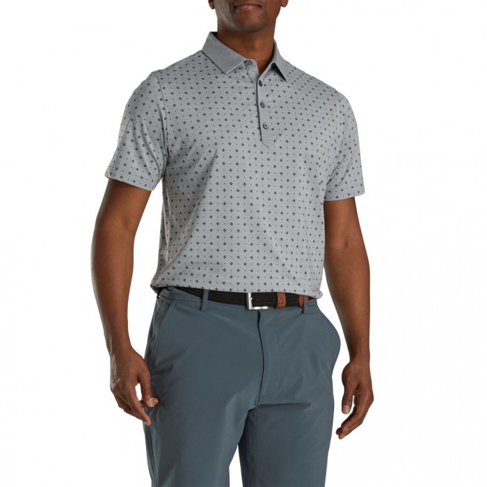 Heather Grey / Black Men's Footjoy Athletic Fit Deco Print Self Collar Shirts | US-70932MP