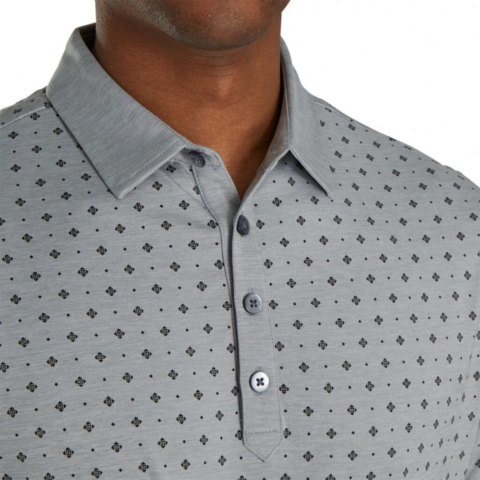 Heather Grey / Black Men's Footjoy Athletic Fit Deco Print Self Collar Shirts | US-70932MP