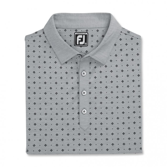 Heather Grey / Black Men\'s Footjoy Athletic Fit Deco Print Self Collar Shirts | US-70932MP