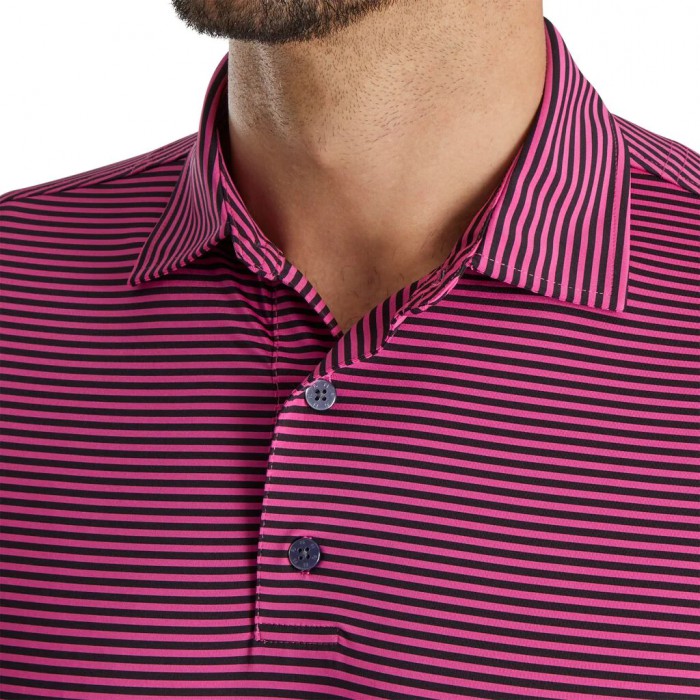 Hot Pink / Black Men's Footjoy Lisle Feeder Stripe Self Collar Shirts | US-94521JB