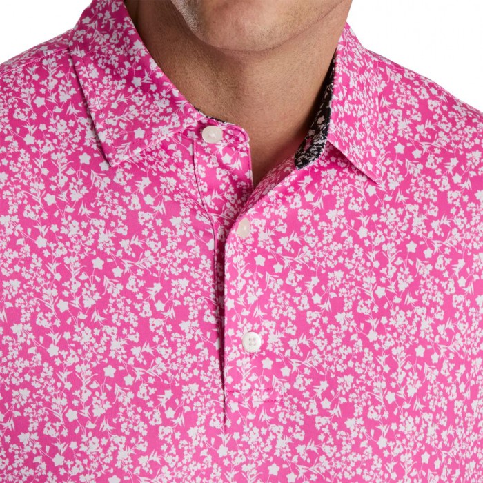 Hot Pink / White / Black Men's Footjoy Floral Vines Lisle Print Self Collar Shirts | US-81739DG