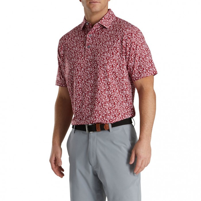 Merlot / White / Grey Men's Footjoy Floral Vines Lisle Print Self Collar Shirts | US-26351DN