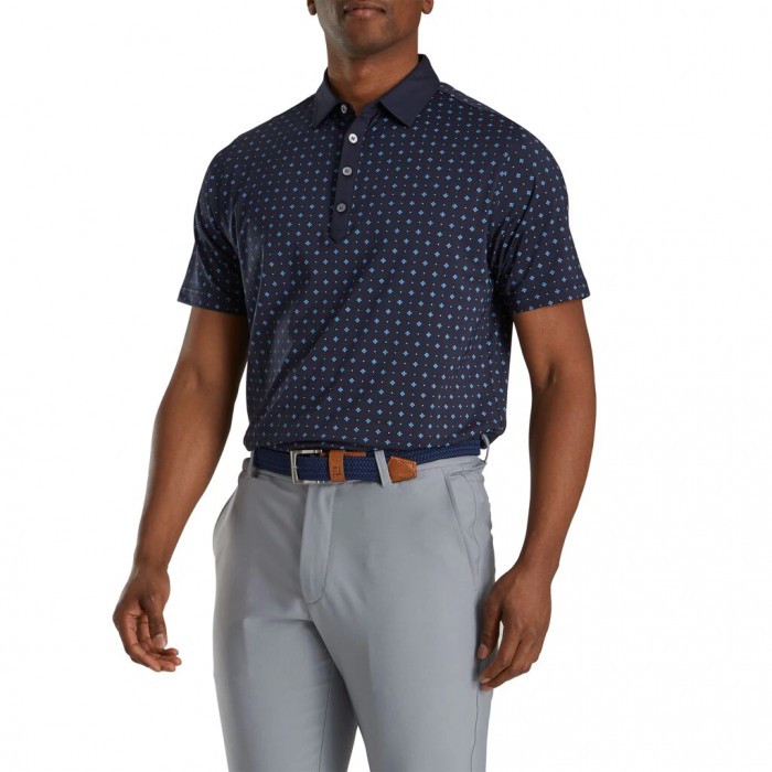 Navy / Lagoon Men's Footjoy Athletic Fit Deco Print Self Collar Shirts | US-89450EQ