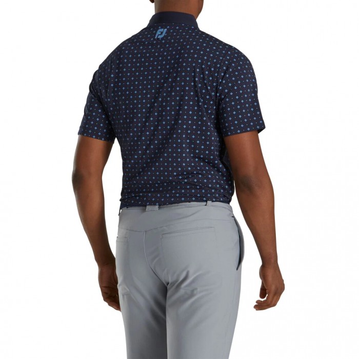 Navy / Lagoon Men's Footjoy Athletic Fit Deco Print Self Collar Shirts | US-89450EQ