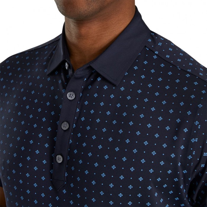 Navy / Lagoon Men's Footjoy Athletic Fit Deco Print Self Collar Shirts | US-89450EQ