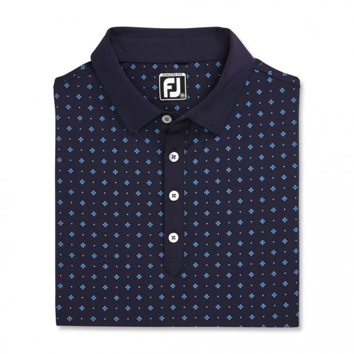 Navy / Lagoon Men\'s Footjoy Athletic Fit Deco Print Self Collar Shirts | US-89450EQ