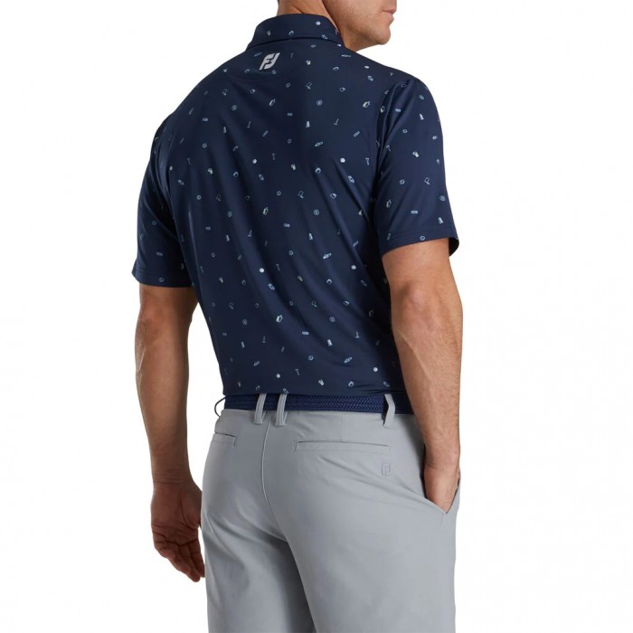 Navy Men's Footjoy Golf Doodle Print Lisle Self Collar Shirts | US-13975JP