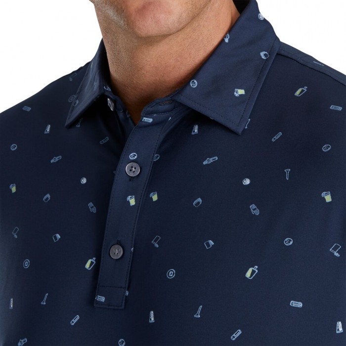 Navy Men's Footjoy Golf Doodle Print Lisle Self Collar Shirts | US-13975JP