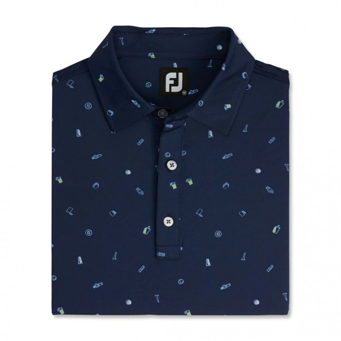Navy Men\'s Footjoy Golf Doodle Print Lisle Self Collar Shirts | US-13975JP