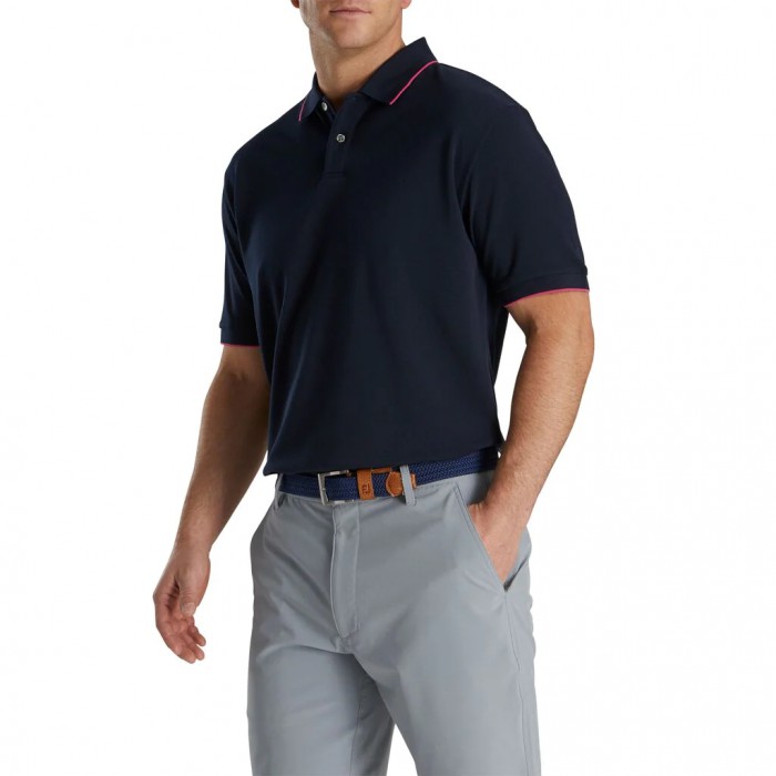 Navy Men's Footjoy Pique Tipped Polo Shirts | US-93628KC