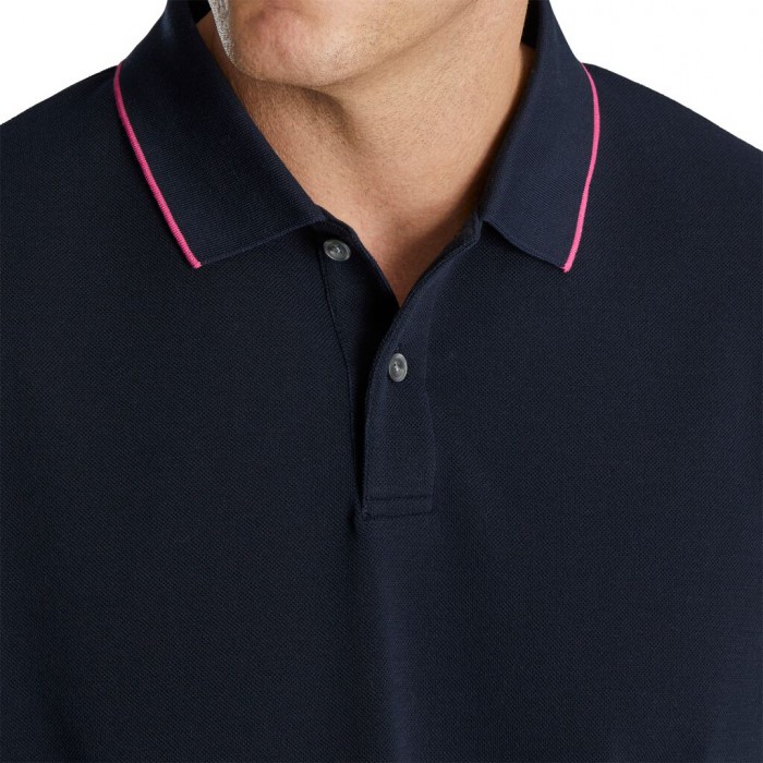 Navy Men's Footjoy Pique Tipped Polo Shirts | US-93628KC