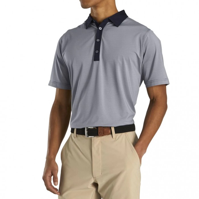 Navy / White Men's Footjoy Athletic Fit Lisle End-On-End Self Collar Shirts | US-16742CW