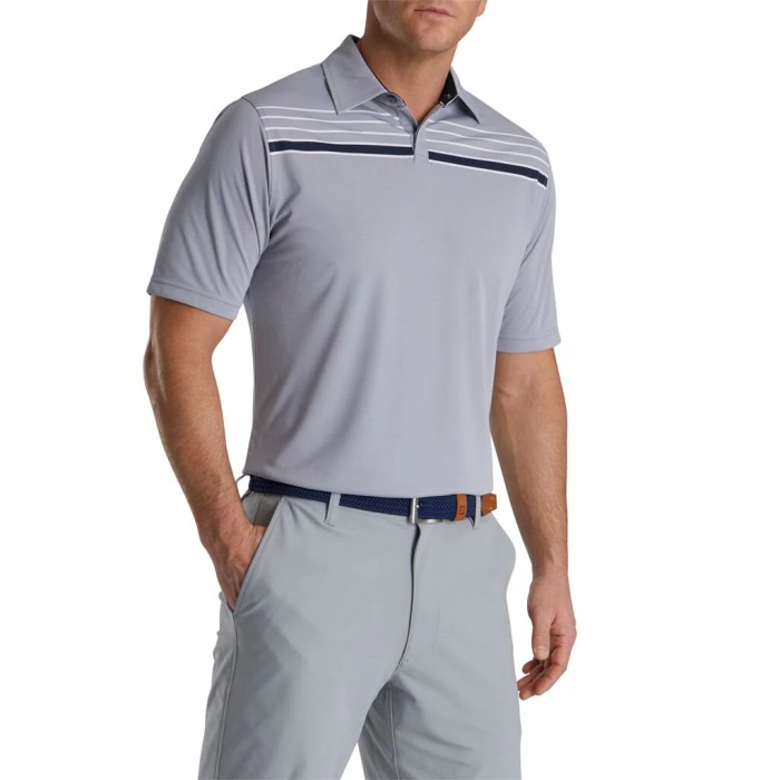 Navy / White Men's Footjoy Checker Jacquard Chest Stripe Self Collar Shirts | US-13087QV