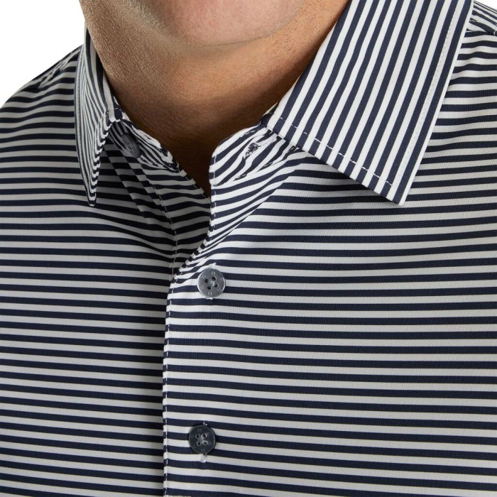 Navy / White Men's Footjoy Lisle Feeder Stripe Self Collar Shirts | US-14802FY