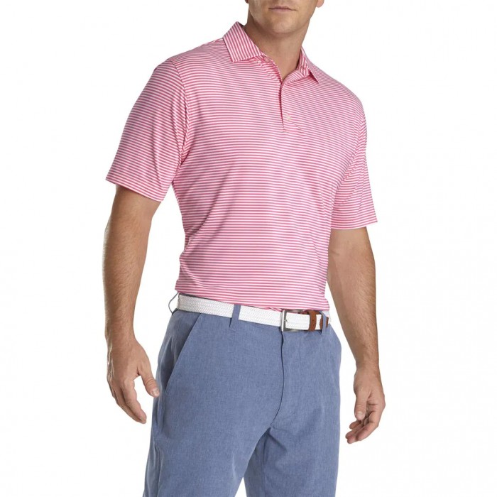 Pink Azalea / White Men's Footjoy Lisle Feeder Stripe Self Collar Shirts | US-46209RI