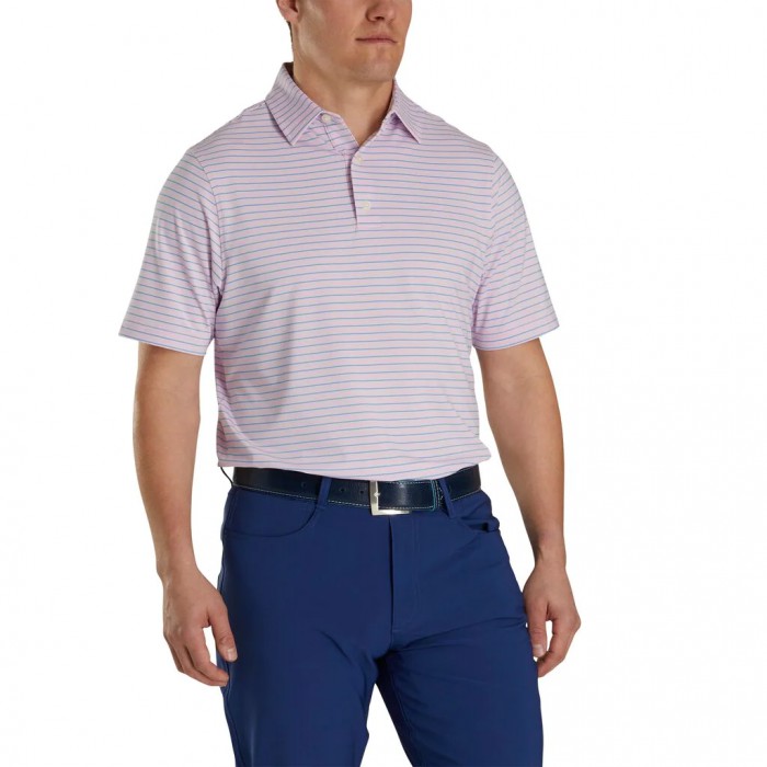 Pink / Light Blue Men's Footjoy Athletic Fit Classic Stripe Self Collar Shirts | US-81046PQ