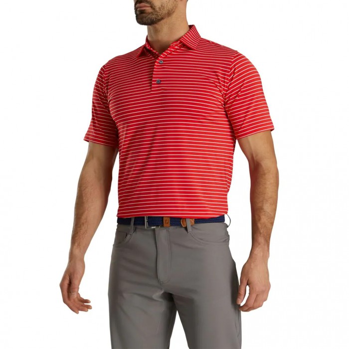 Red / White Men's Footjoy Athletic Fit Classic Stripe Self Collar Shirts | US-68942CS