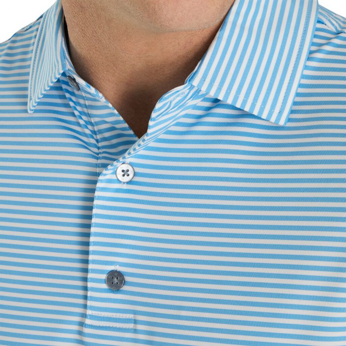 Reef Blue / White Men's Footjoy Lisle Feeder Stripe Self Collar Shirts | US-36751YB