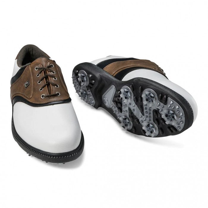 White / Brown Men's Footjoy FJ Originals Spiked Golf Shoes | US-72639FG