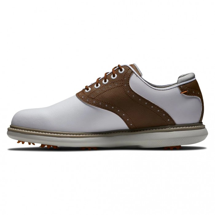 White / Brown Men's Footjoy Traditions Spiked Golf Shoes | US-58402RD