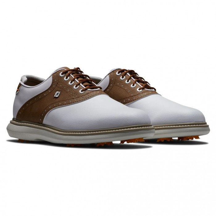 White / Brown Men's Footjoy Traditions Spiked Golf Shoes | US-58402RD