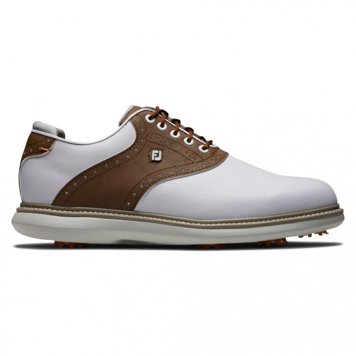 White / Brown Men\'s Footjoy Traditions Spiked Golf Shoes | US-58402RD