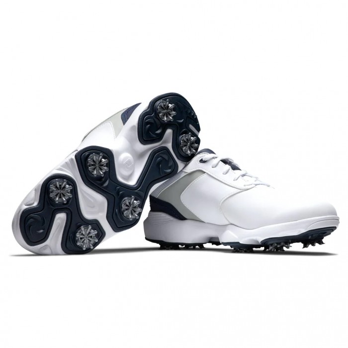 White / Grey / Navy Men's Footjoy eComfort Spiked Golf Shoes | US-73652RE