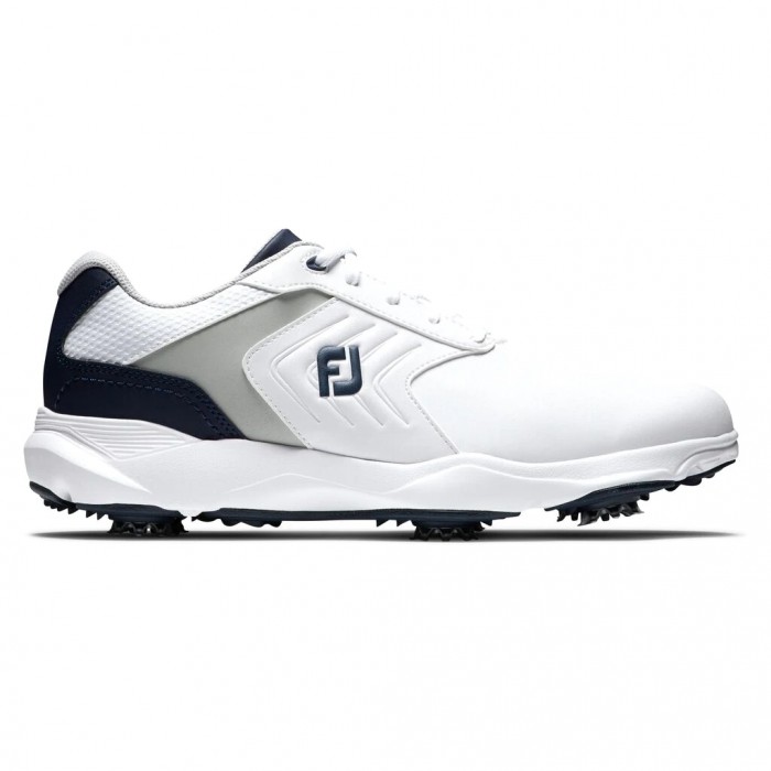 White / Grey / Navy Men\'s Footjoy eComfort Spiked Golf Shoes | US-73652RE