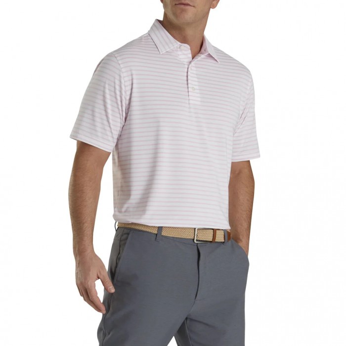 White / Light Pink Men's Footjoy Lisle 2-Color Stripe Self Collar Shirts | US-45627IH