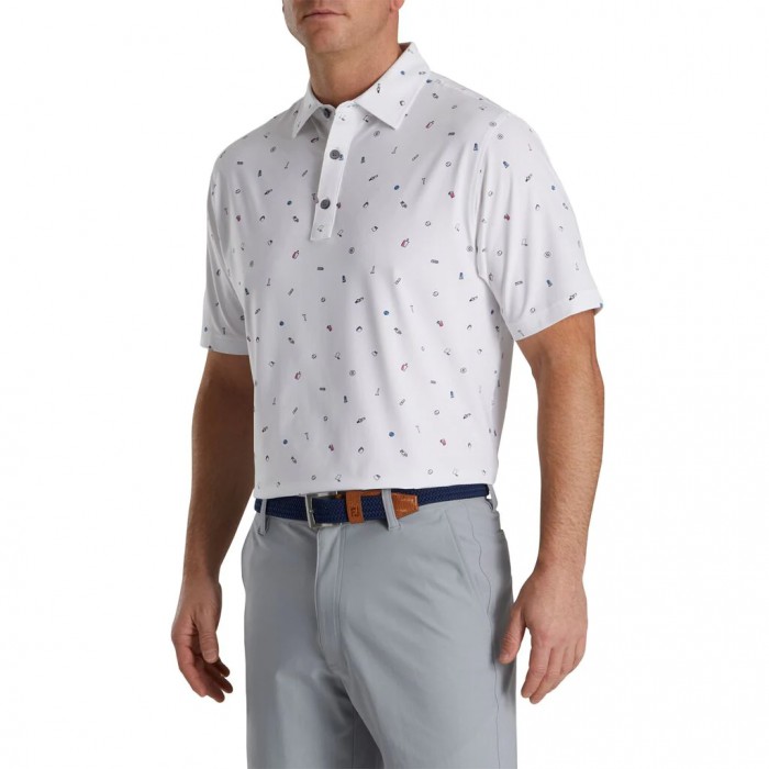 White Men's Footjoy Golf Doodle Print Lisle Self Collar Shirts | US-69148WZ