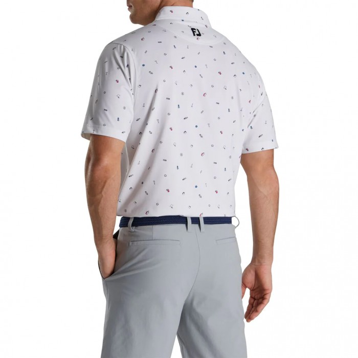 White Men's Footjoy Golf Doodle Print Lisle Self Collar Shirts | US-69148WZ