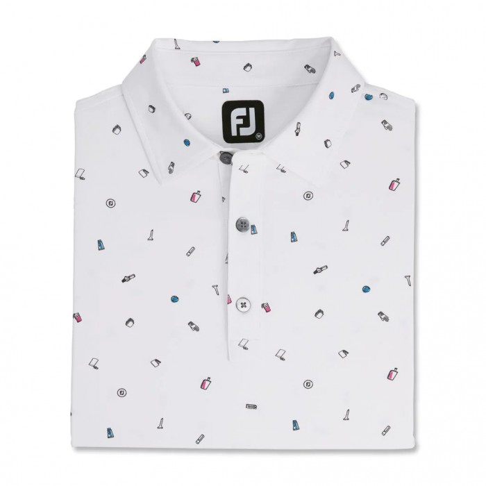White Men\'s Footjoy Golf Doodle Print Lisle Self Collar Shirts | US-69148WZ