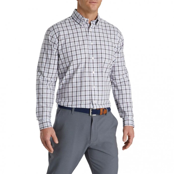 White Men's Footjoy Open Check Stretch Cotton Shirts | US-74921FC