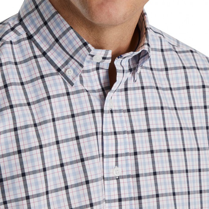 White Men's Footjoy Open Check Stretch Cotton Shirts | US-74921FC