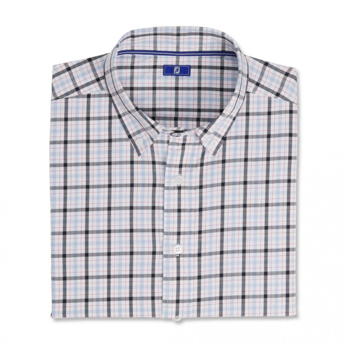 White Men\'s Footjoy Open Check Stretch Cotton Shirts | US-74921FC