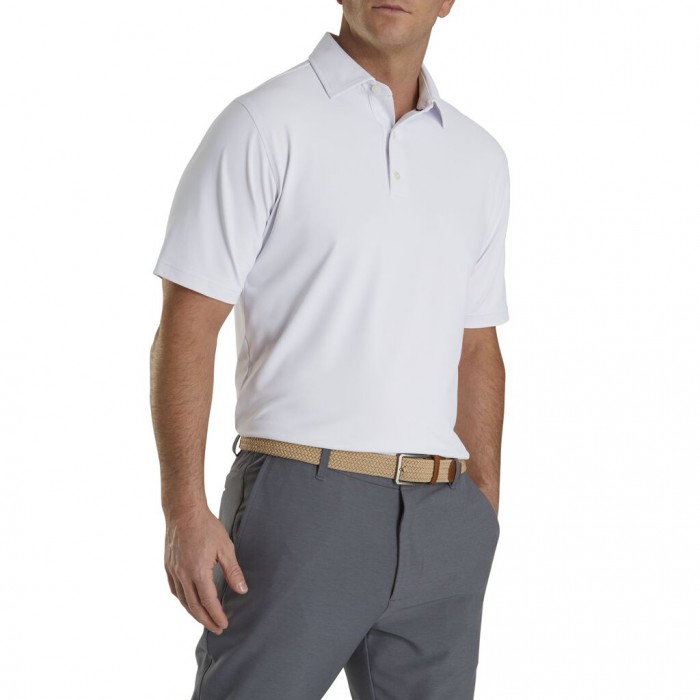White Men's Footjoy Performance Stretch Pique Solid Self Collar Shirts | US-62189CX
