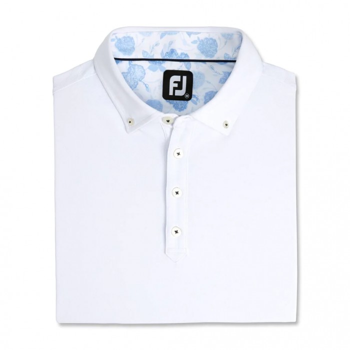 White Men\'s Footjoy Stretch Pique Floral Trim Buttondown Collar Shirts | US-47810NR