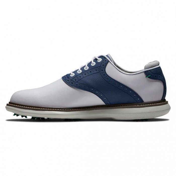 White / Navy Men's Footjoy Traditions Spiked Golf Shoes | US-16094LE