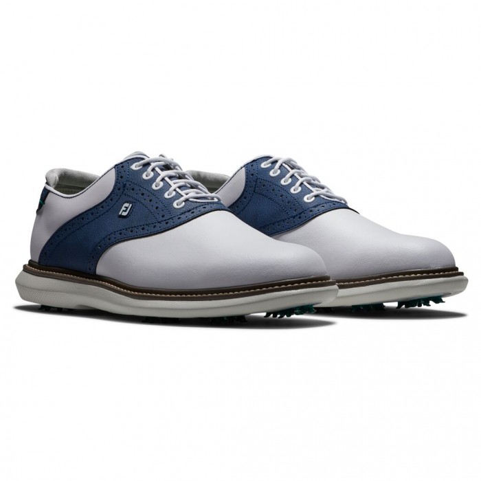 White / Navy Men's Footjoy Traditions Spiked Golf Shoes | US-16094LE