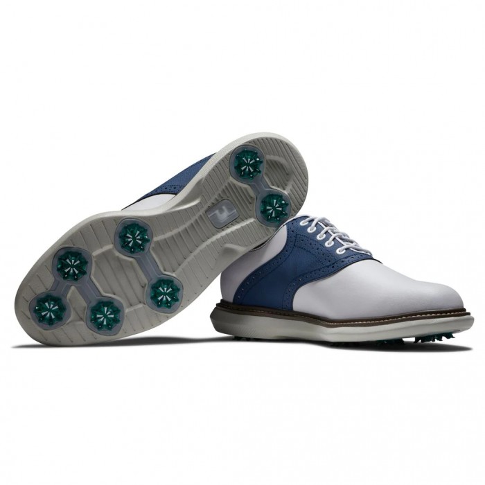 White / Navy Men's Footjoy Traditions Spiked Golf Shoes | US-16094LE