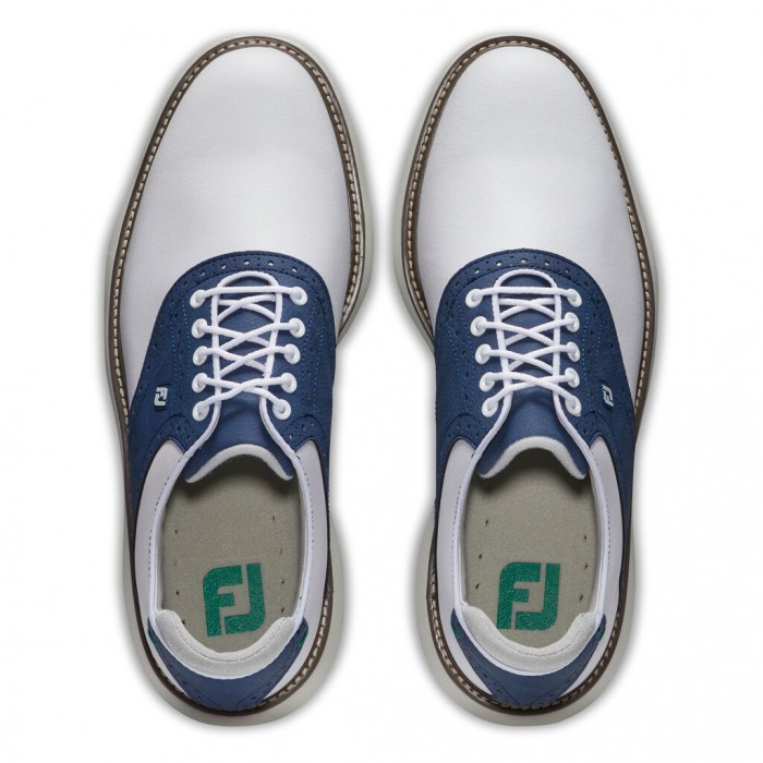 White / Navy Men's Footjoy Traditions Spiked Golf Shoes | US-16094LE