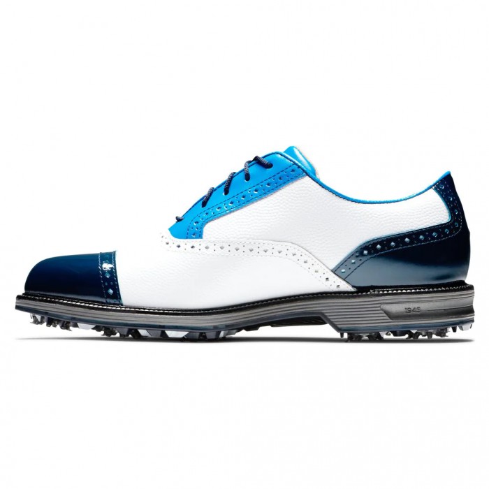 White Pebble / Blue / Navy Men's Footjoy Premiere Series - Tarlow Spiked Golf Shoes | US-53028ZL